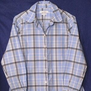 NEW WOMENS FOXCROFT FOR APPLESEEDS BLOUSE BLUE/BLK/WHT PLAID WRINKLE FREE LS 14